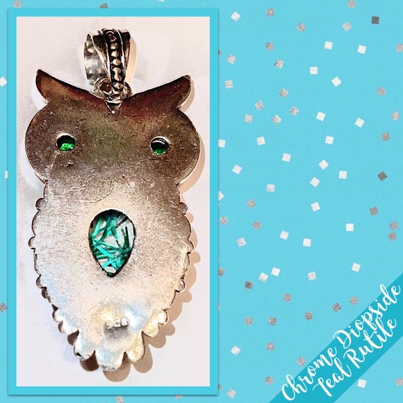 Diopside & Teal Rutile Owl Pendant (Green & Blue-Green) - Picture 4 of 4